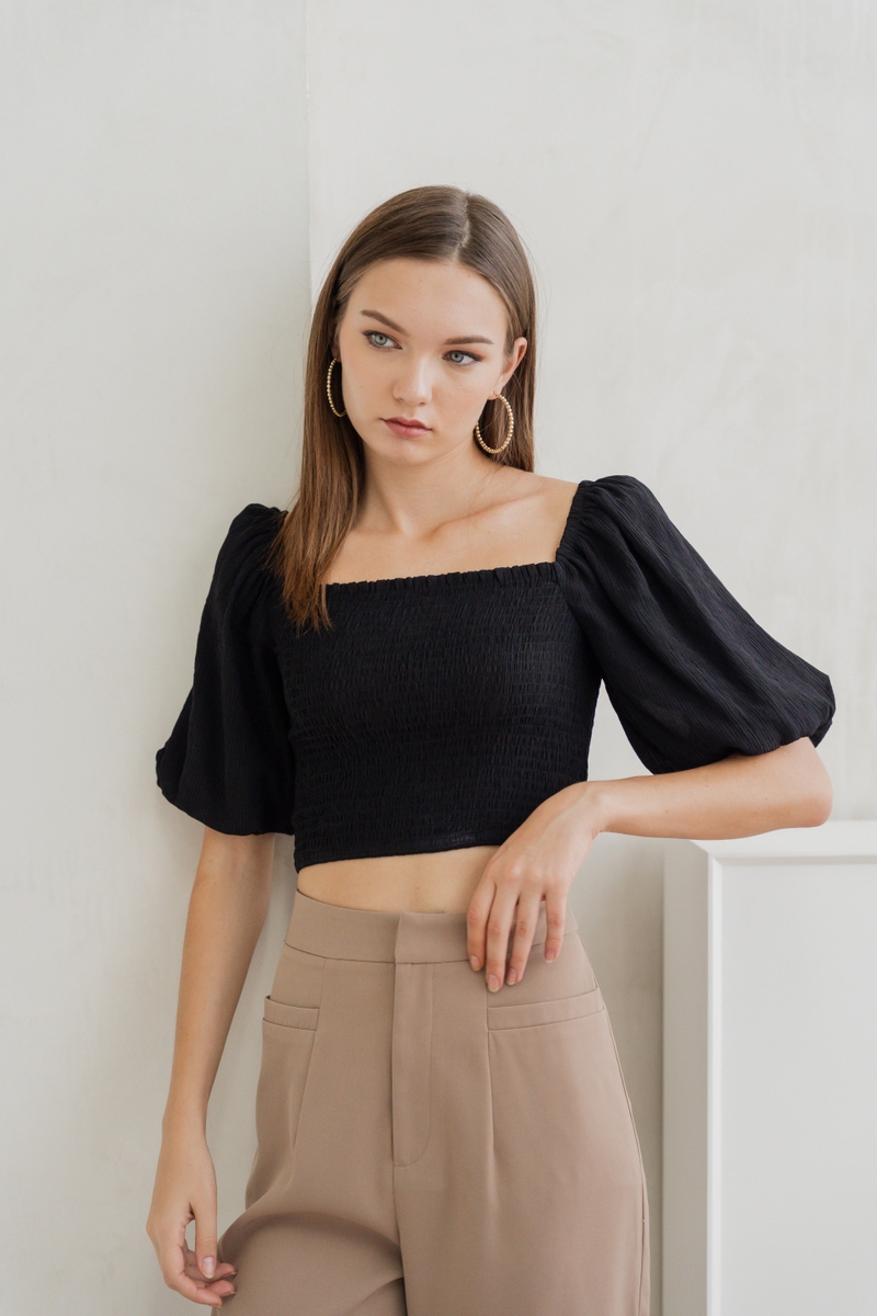 Sasha Textured Smocked Crop Top in Black