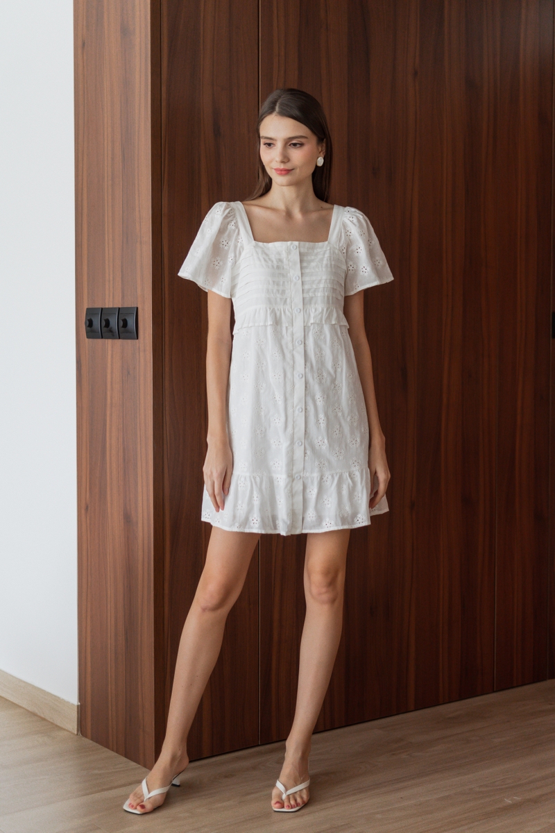 Naira Button Pleats Eyelet Dress in White