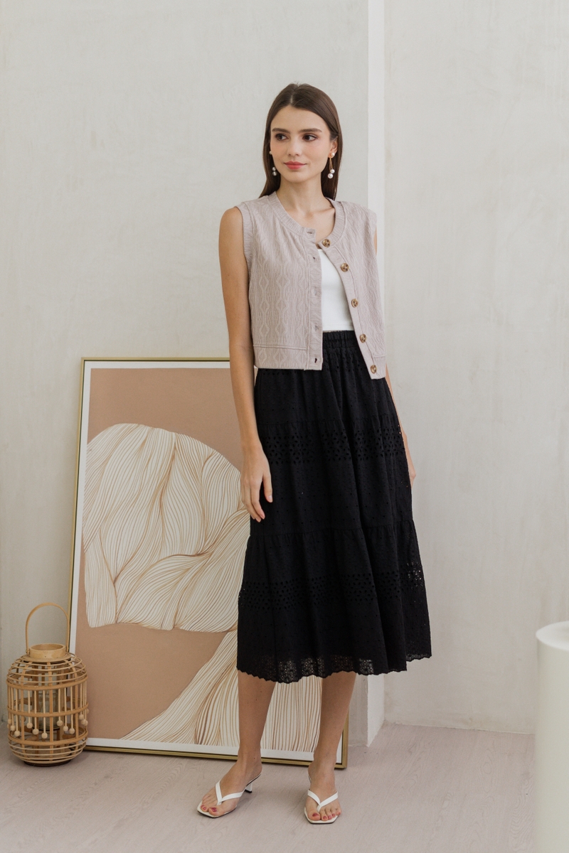 Black eyelet outlet midi skirt