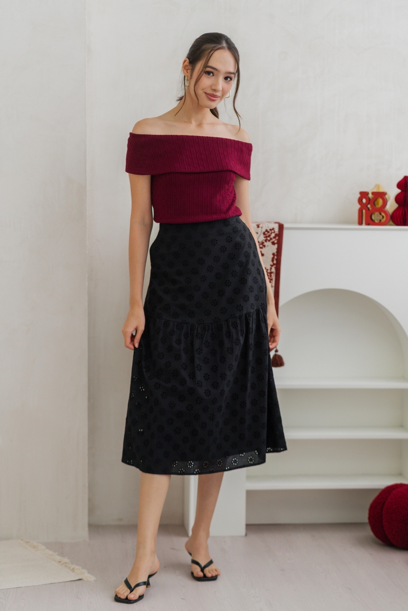 Black eyelet midi skirt 2025