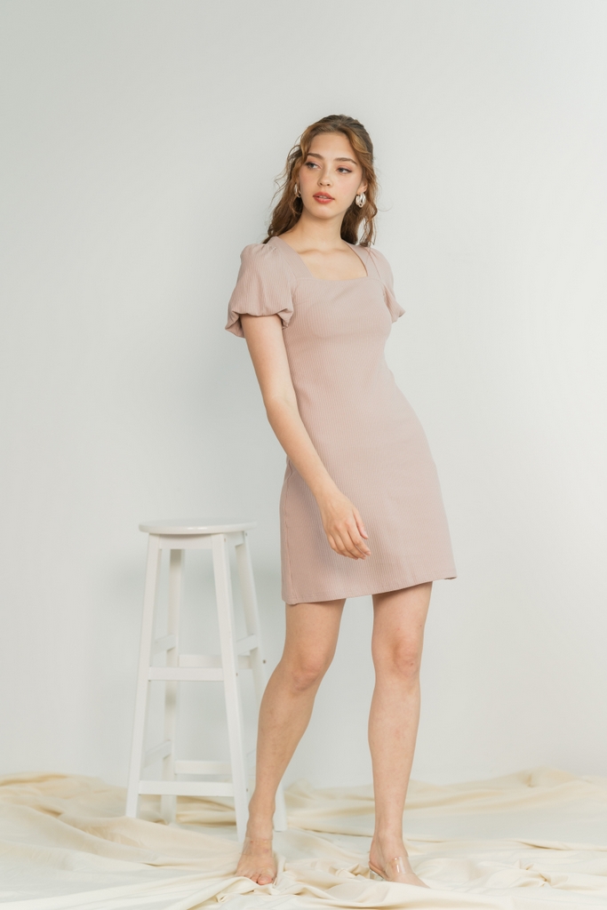 Janelia Ribbed Puffed Sleeves Dress in 