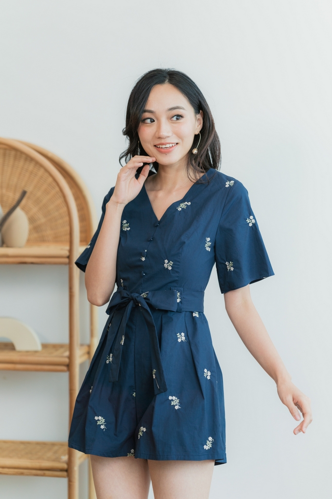 blue button up romper