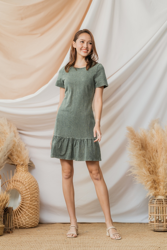 Celestial Drop Waist Denim Dress in Olive