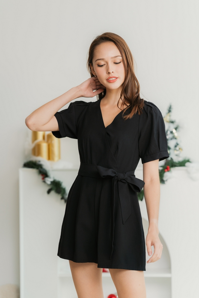 Judith Faux Wrap Romper in Black