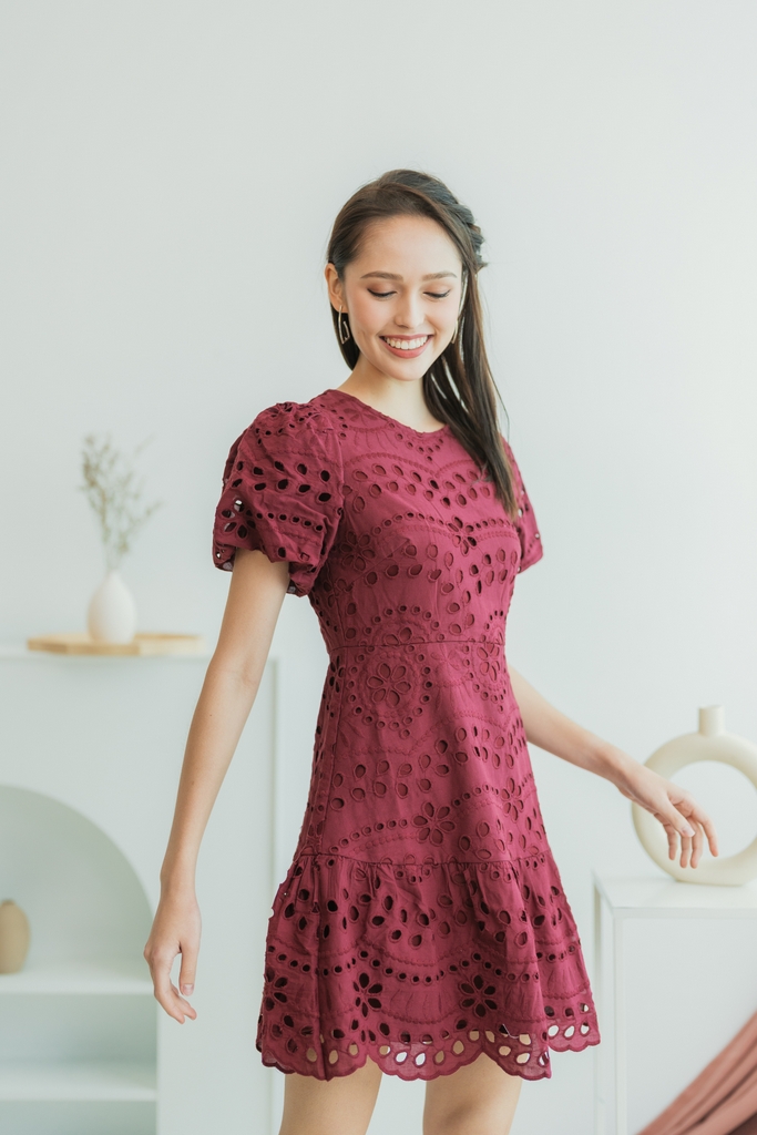 Whitley Eyelet Puffed Sleeves Dress in 