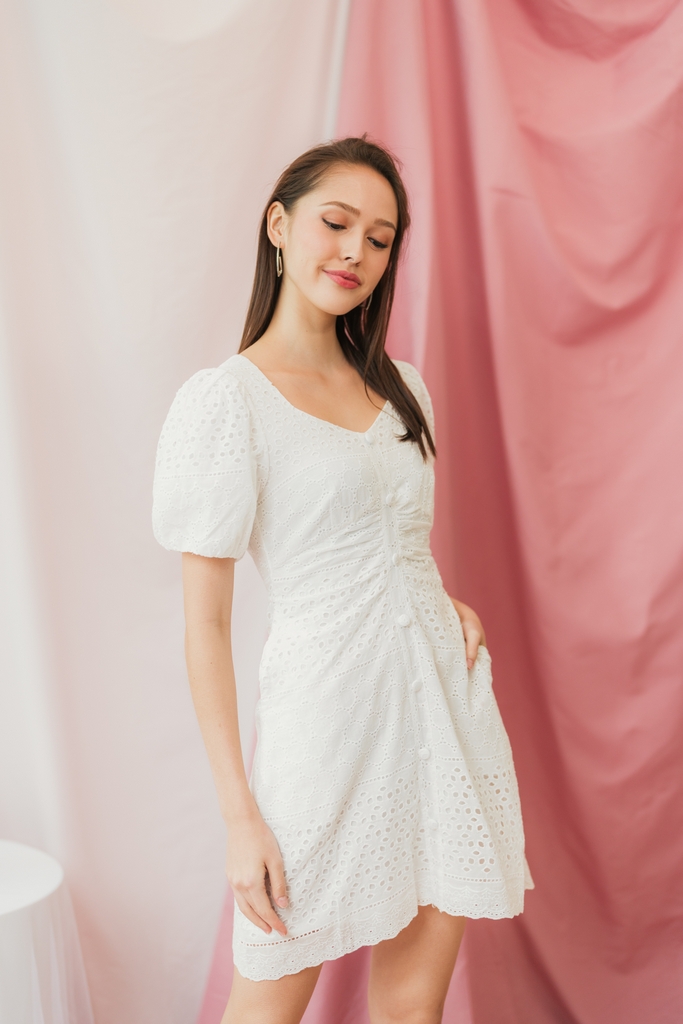 Jacqueline Eyelet Ruched Dress in White