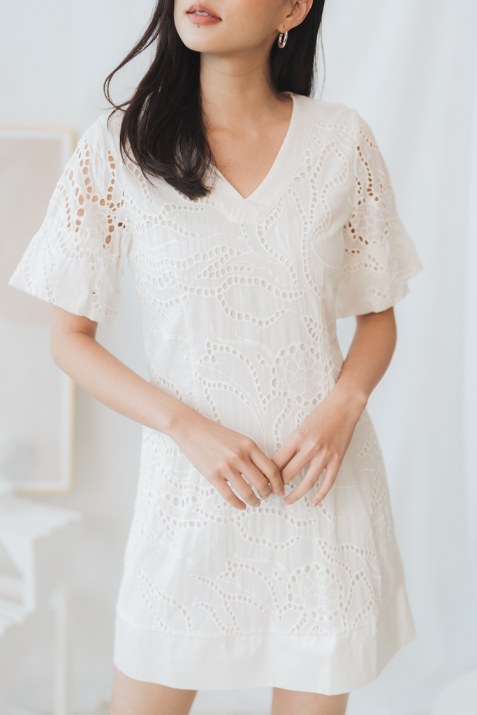Shea V-Neck Eyelet Dress in White
