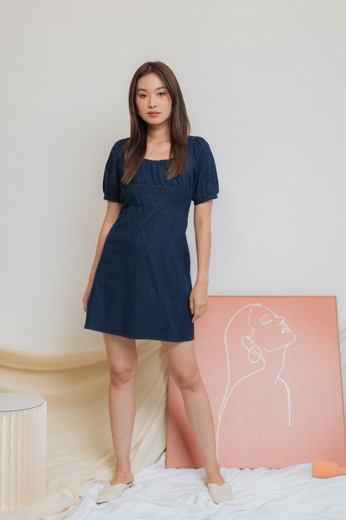 Isabella Denim Ruched Dress in Dark Wash