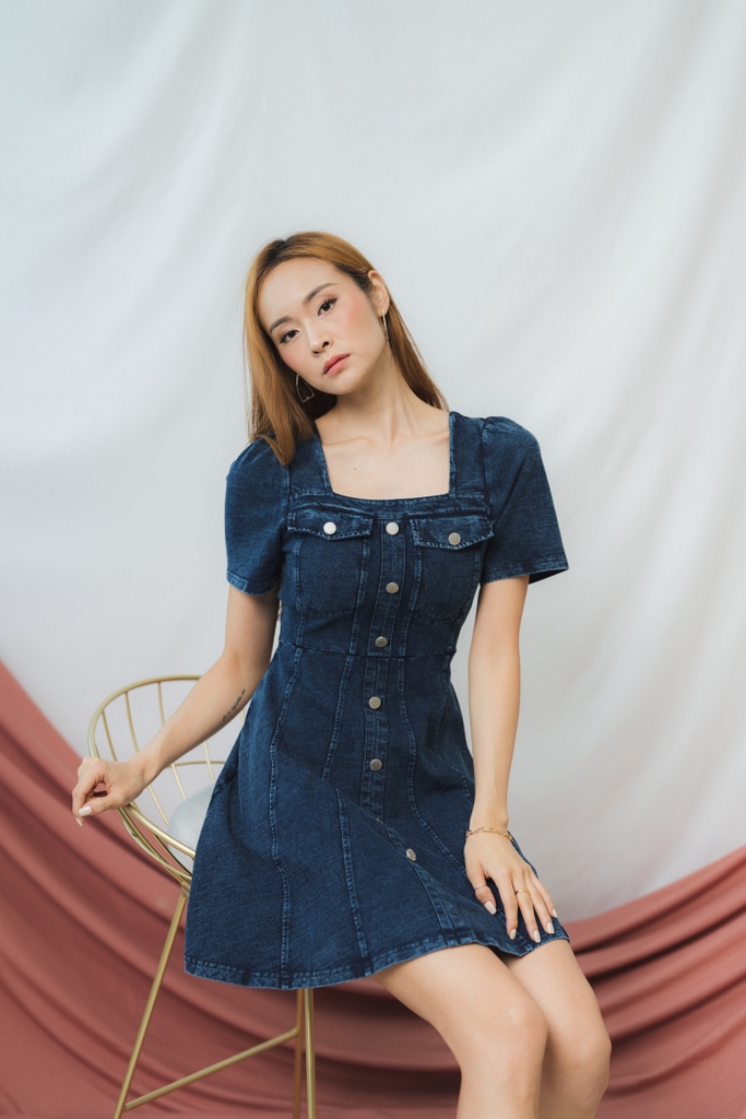 Devon Button Denim Dress in Dark Wash