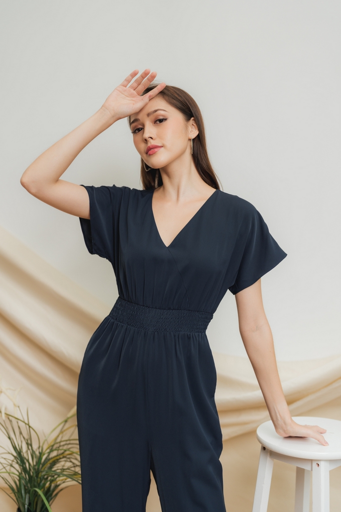 Paris Smocked Jumpsuit in Navy