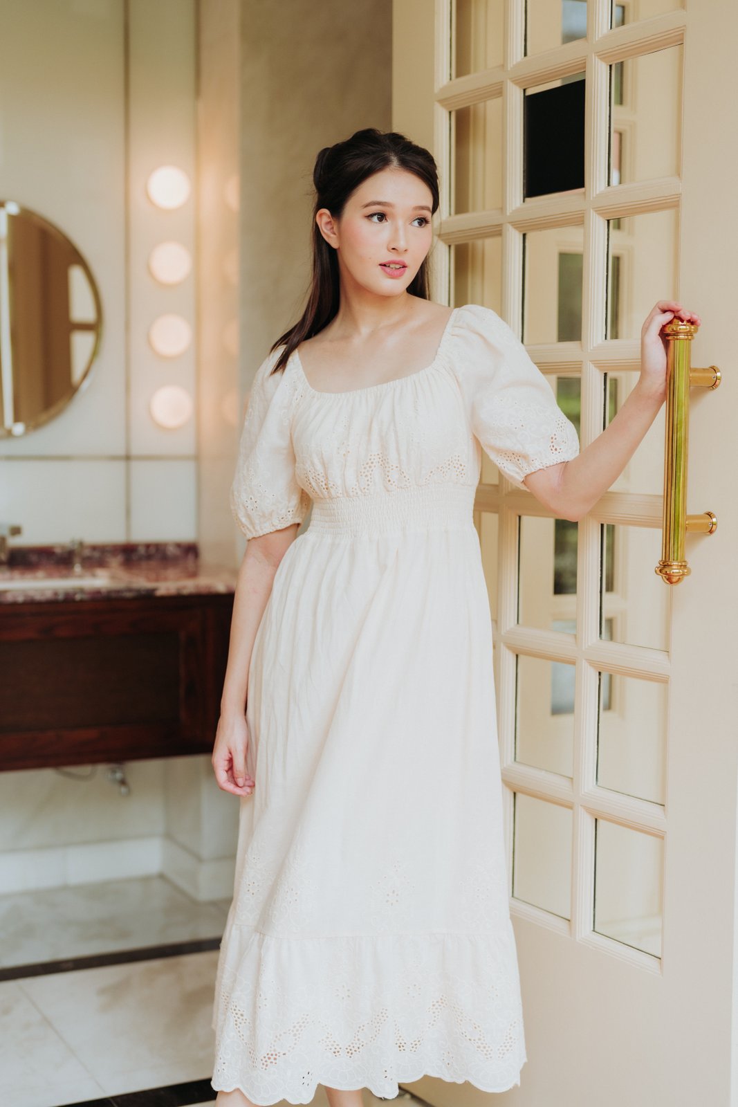 Everlyn Eyelet Smocked Waist Dress in Cream